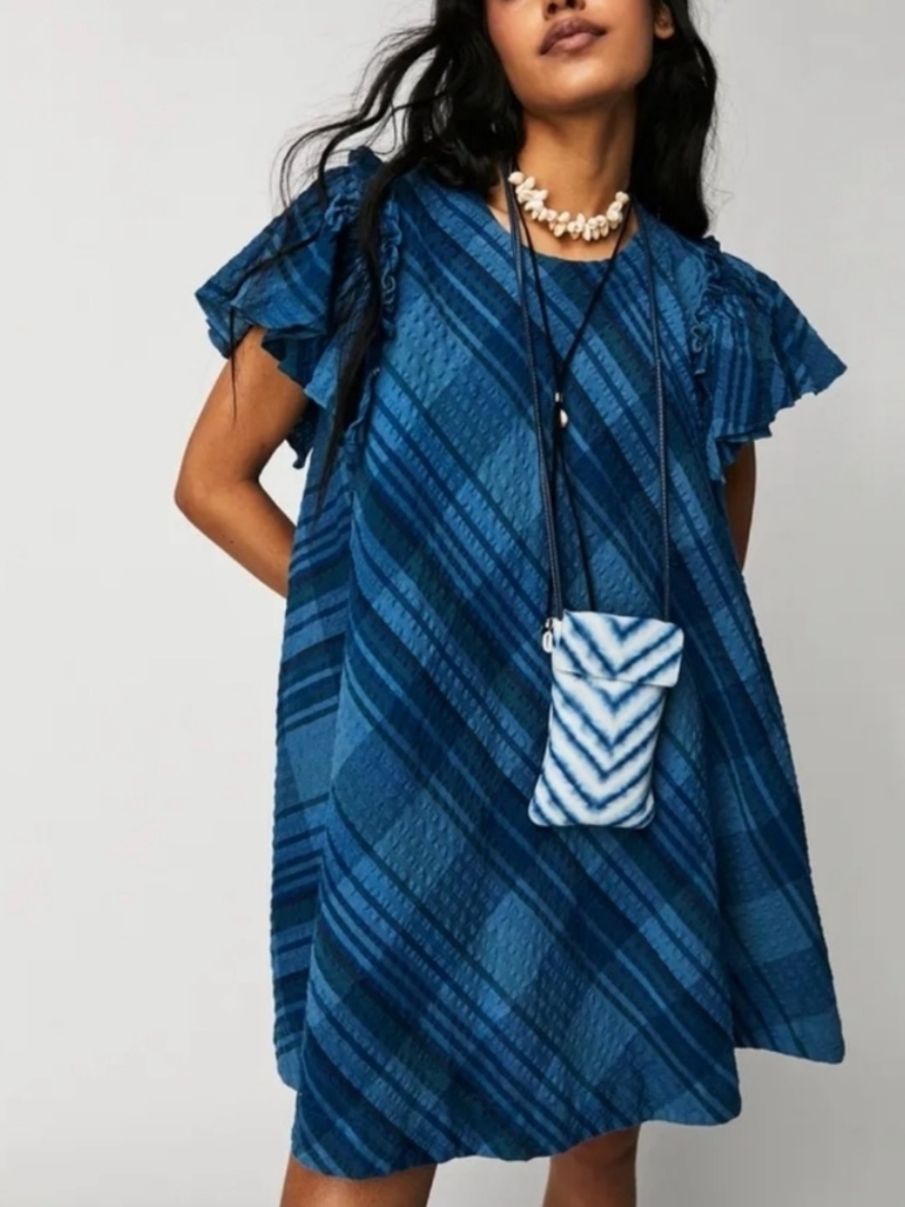Free People Yara Madras Mini Dress Blue Plaid Ruffle Sleeves Size Medium